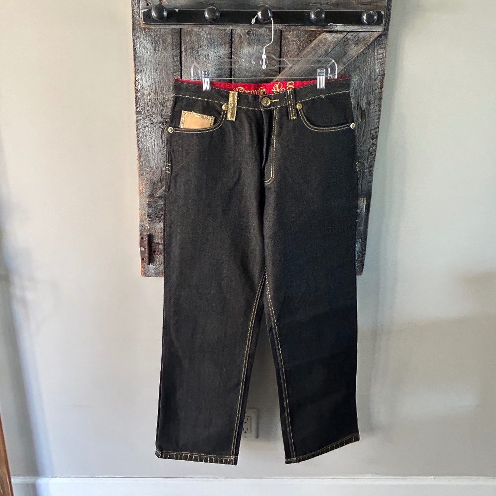 Men's Crown Holder Dark Wash Jeans with Gold & Red Embroidery